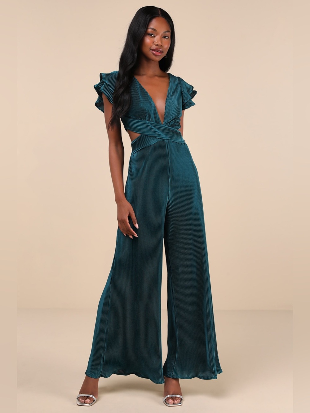 Lulus Luxe Decision Teal Plisse Satin Cutout Wide Leg Formal‎ Jumpsuit Wedding